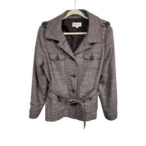 Merona Herringbone Belted Military Jacket Wool Blend Brown Women's XXL